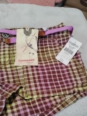 UNIONBAY Pink and Olive Plaid Shorts with Lilac Belt